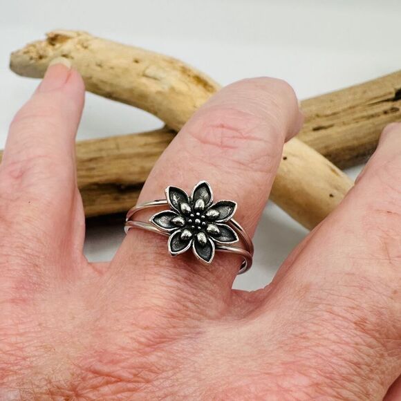 Sterling Silver Double Band Lotus Flower Ring - Picture 3 of 5